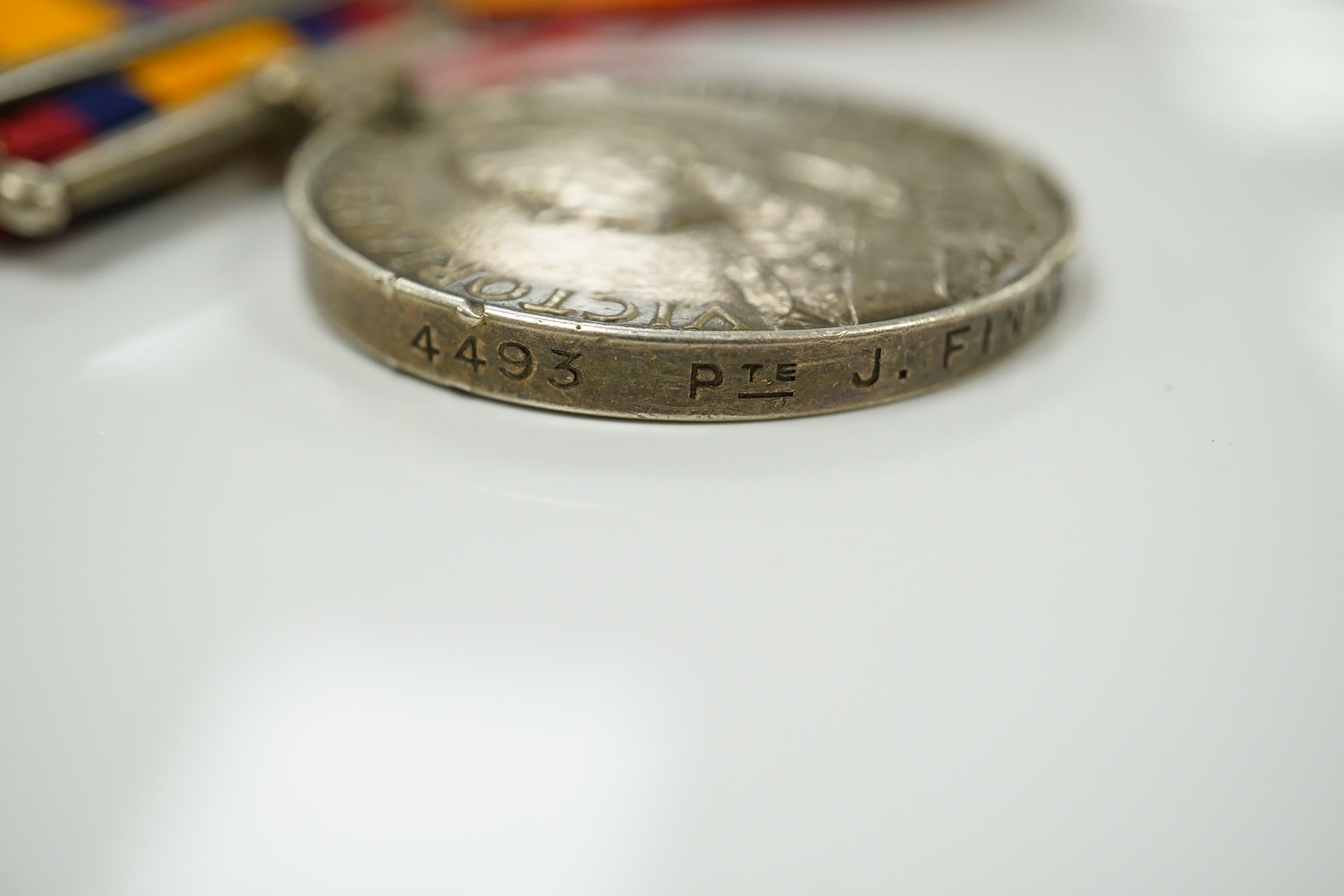 Queens South Africa Medal with CC clasp to 4493 Pte J.Finan, W.York:Regt, another with OFS and CC clasps to 3414 Pte E.Barnett, RL Fus and a third with detached disc to Sapr G Streeter, R.E.